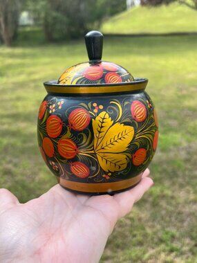 Vintage Russian Khokhloma Hand Painted Wooden Sugar Bowl USSR Red Gold Black Fol